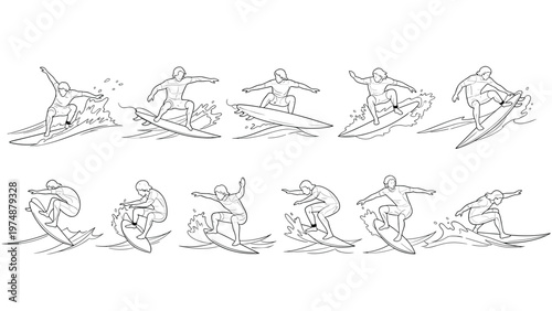 Detailed black and white line art collection of surfers performing various maneuvers on waves across several different frames.