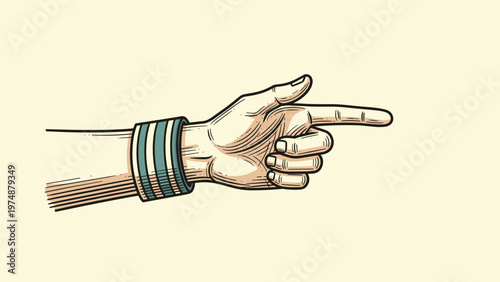 Retro illustration of a hand pointing towards the right side wearing a striped sports wristband on a plain background.