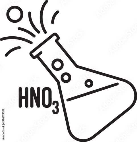 Simple line drawing of a conical flask with nitric acid formula