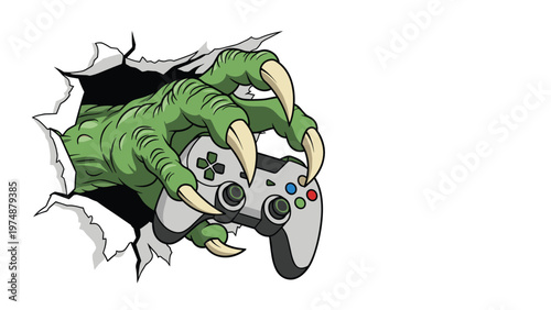 Scary green monster hand with sharp claws breaking through a wall while holding a white video game controller.