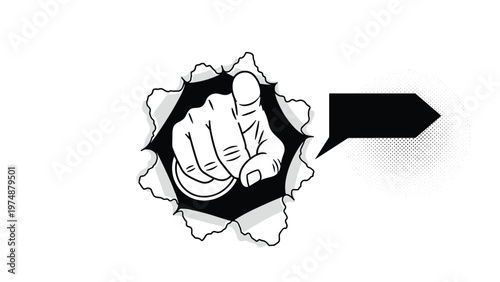 Comic book style illustration of a hand pointing forward breaking through a paper wall with a black speech bubble.