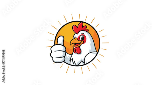 Cheerful cartoon rooster character with a red comb giving a thumbs up inside a bright orange sun circle frame.