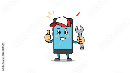 Cute cartoon smartphone character wearing a red baseball cap and holding a large metal wrench for mobile repair.