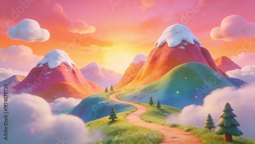 Vibrant Cartoon Style Colorful Mountains with Snow Caps and Winding Path at Sunset