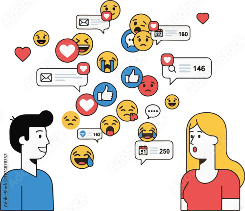 A cartoon illustration of a man and woman surrounded by social media emojis