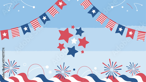 Festive American bunting, stars, and stylized patriotic fireworks elements