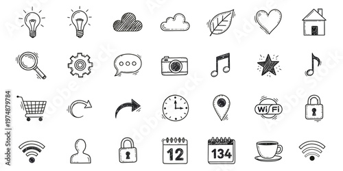 Collection of hand drawn doodle icons representing various concepts and interests in black and white