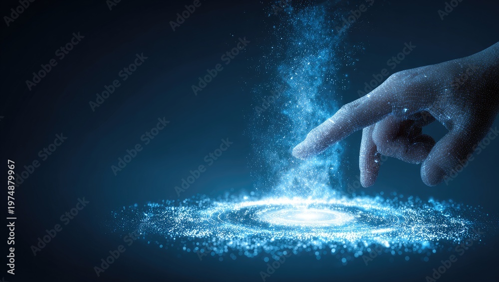 Fototapeta premium A hand reaches out, creating a luminous galaxy of swirling blue particles