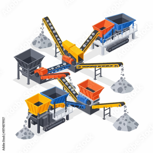 Isometric industrial stone crushing and sorting plant with conveyor belts.