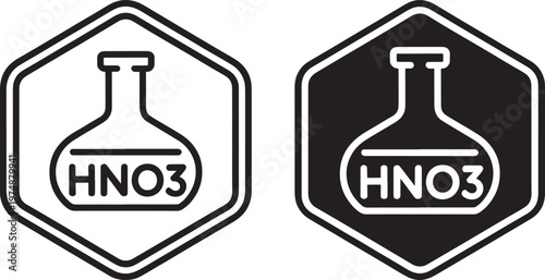 Two hexagonal warning signs depicting a flask with hno3 label