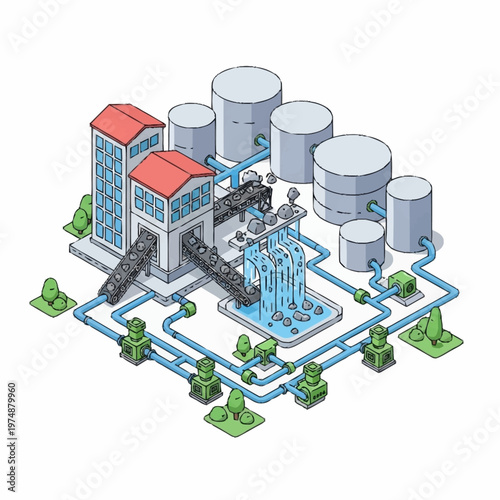 Isometric Industrial Water Treatment Plant Illustration.