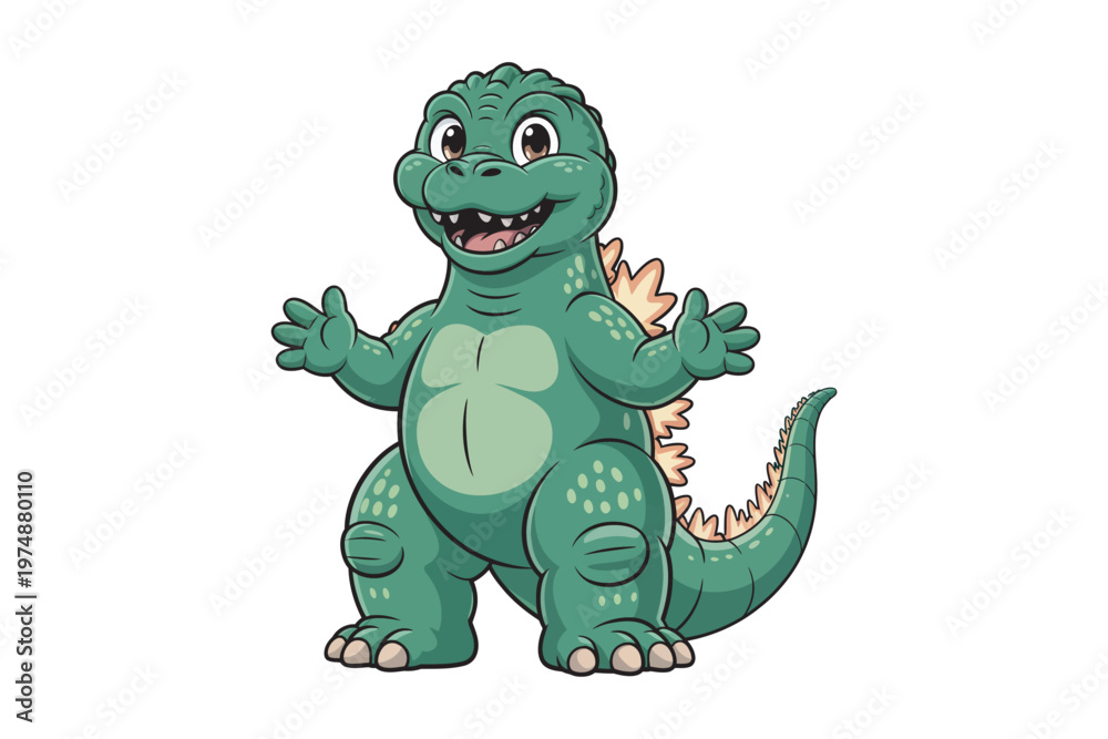 Obraz premium A cheerful cartoon style green dinosaur with large eyes and a friendly expression waving with welcoming arms on transparent background high-quality.