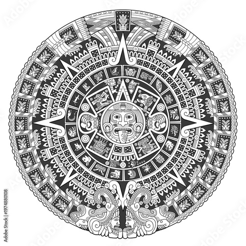 Great Aztec calendar stone, Aztec sun stone with the glyph called movement with the face of the sun god Tonatiuh at the center, surrounded by the 20 day signs, and showing cardinal directions.