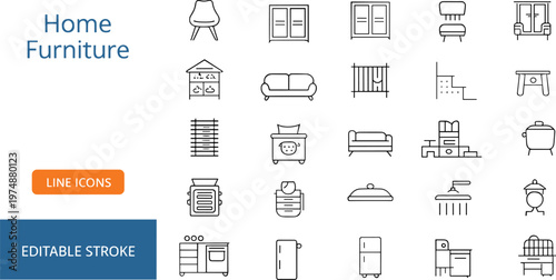 Home furniture line icons set, modern outline household objects including sofa, chair, kitchen appliances, storage and interior design elements collection