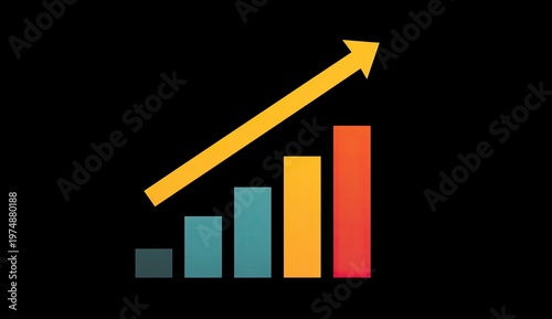 Colorful bars ascend, arrow points upward on black