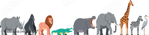 Canvas Print African Safari Animals Collection with Elephant, Giraffe, Zebra, Lion, Gorilla, Rhino, Crocodile, Hippo and Bird Flat Vector Illustration Set for Wildlife Design