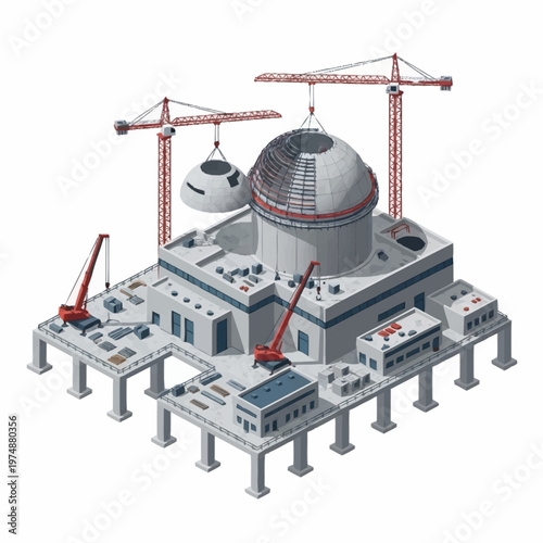 Isometric Nuclear Power Plant Construction Site with Cranes.