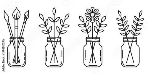 Foto Line Art Illustration of Flowers and Paintbrushes in Mason Jars