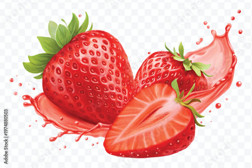 realistic fresh strawberry with red juice splash isolated on transparent background	
