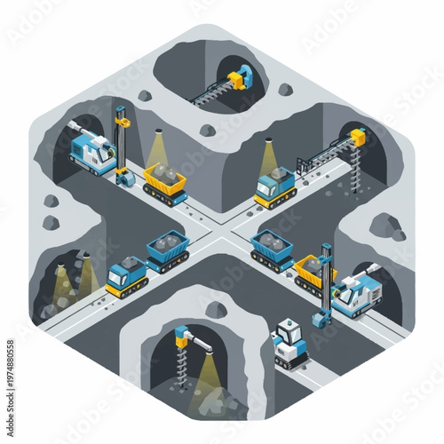 Isometric underground mining operation with excavators and ore carts.
