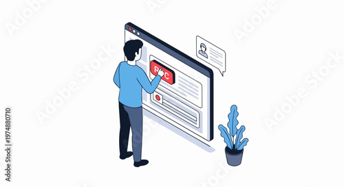 Isometric Illustration of a Man Recording Screen Video with a Digital UI Interface