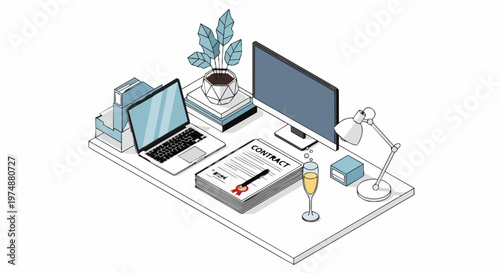 Isometric Business Workspace Illustration with Signed Contract and Champagne Celebrating a Successful Deal