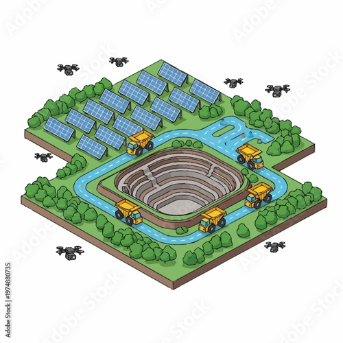 Isometric view of an open pit mine with solar panels and drones.