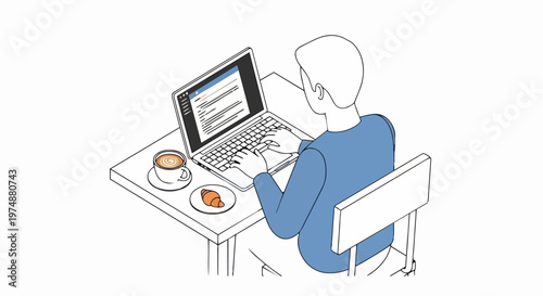 Minimalist isometric illustration of a man working on a laptop at a cafe or home office desk with coffee and a croissant.