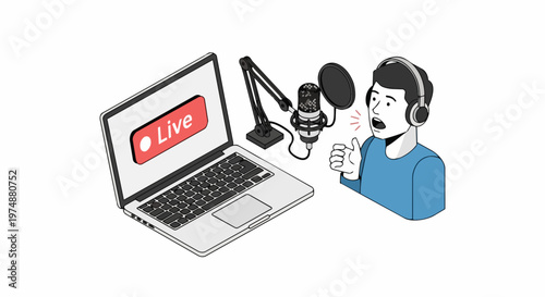 Man Live Streaming or Recording a Podcast with Laptop and Professional Microphone Vector Isometric Illustration