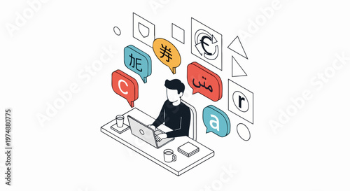 Isometric Illustration of Global Communication and Translation. Professional at laptop with multilingual speech bubbles for international business and localization services.