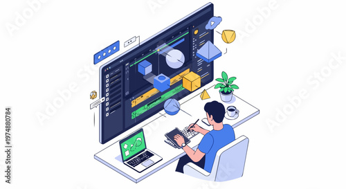 Isometric Illustration of a Motion Designer Working on 3D Animation and Video Editing at a Modern Workspace