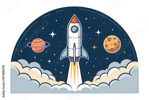 3d cartoon style minimal spaceship rocket icon. Toy rocket upswing ,spewing smoke. Startup, space, business concept.