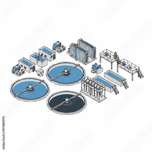 Wastewater Treatment Plant Diagram with Multiple Tanks and Buildings.