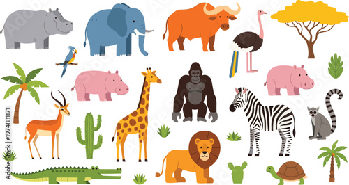 African Safari Animals Collection with Elephant, Lion, Zebra, Giraffe, Gorilla, Hippo, Crocodile and More Cute Flat Vector Wildlife Illustrations for Nature Design.