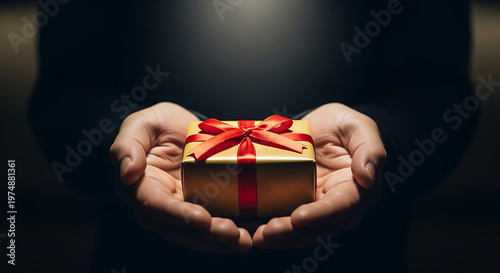 Hands holding gift box with red ribbon on dark background for celebration