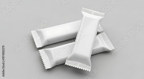 Blank White Snack Bar Wrappers Stacked on Gray Background, Food Packaging Mockup