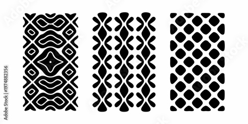Three vertical bands of intricate black and white tribal patterns