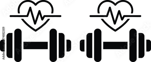 Health and fitness icons combining heart rate and dumbbells