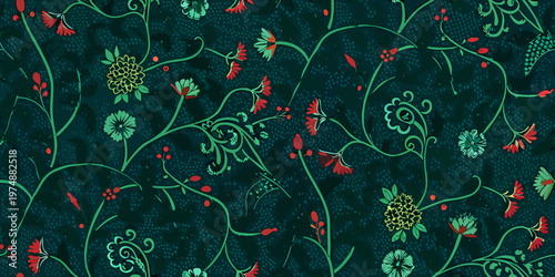 Intricate floral batik pattern with red and green botanical elements