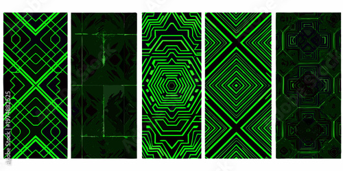 Abstract geometric patterns in vibrant green hues displayed as vertical panels