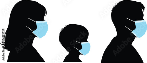 People, silhouettes, wearing, medical, face, masks, protection, health, safety, virus, prevention, pandemic, family, profile, black, white, illustration, healthcare, concept, set