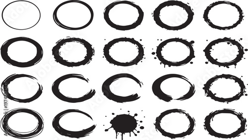Set of black ink brush stroke circles, Zen enso symbol collection, hand-drawn grunge round frames, and paint splatters on a white background.
