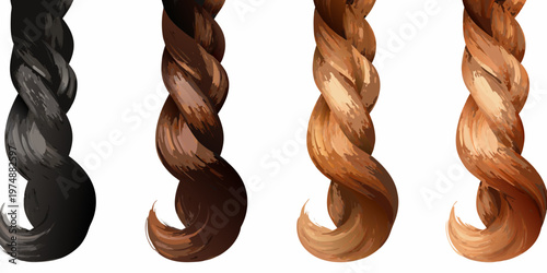 Four braided hair strands showcasing varying shades of brown coloration