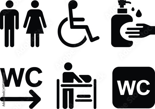 Common bathroom and accessibility symbols for public restroom signs