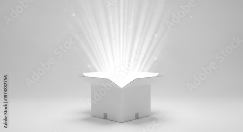 Open white gift box with bright radiant light beams and particles exploding upwards on a clean white background