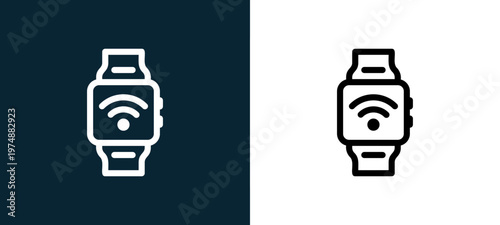 Two-tone smartwatch line icon pair in black and white, editable stroke vector illustration for web, mobile apps, UI design, branding, and print from Network