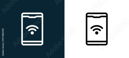 Two-tone smartphone line icon pair in black and white, editable stroke vector illustration for web, mobile apps, UI design, branding, and print from Network