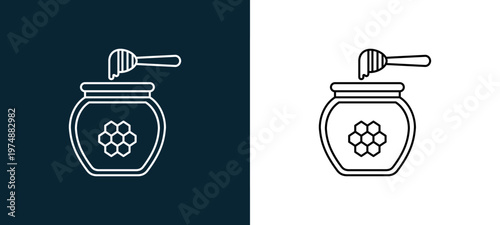 Two-tone honey jar line icon pair in black and white, editable stroke vector illustration for web, mobile apps, UI design, branding, and print from Spa