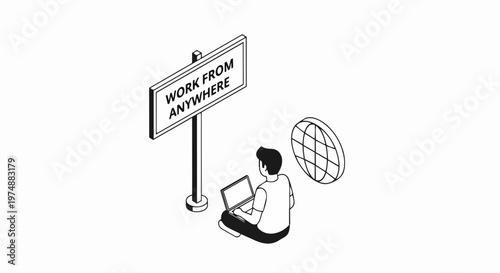 Isometric Line Art Illustration of Remote Work Concept with Person Using Laptop and Work From Anywhere Sign