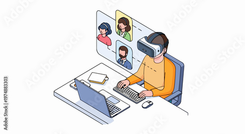 Isometric Illustration of a Man Wearing a VR Headset for Virtual Reality Business Meetings and Remote Workspace Communication